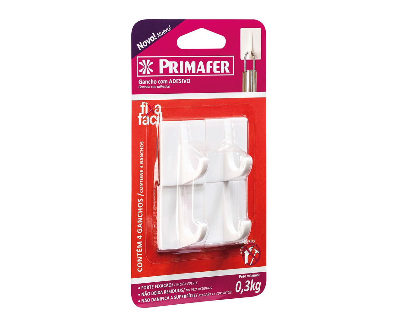 GANCHO PLÁSTICO COM ADESIVO QUADRADO 0,3KG PRIMAFER BLISTER