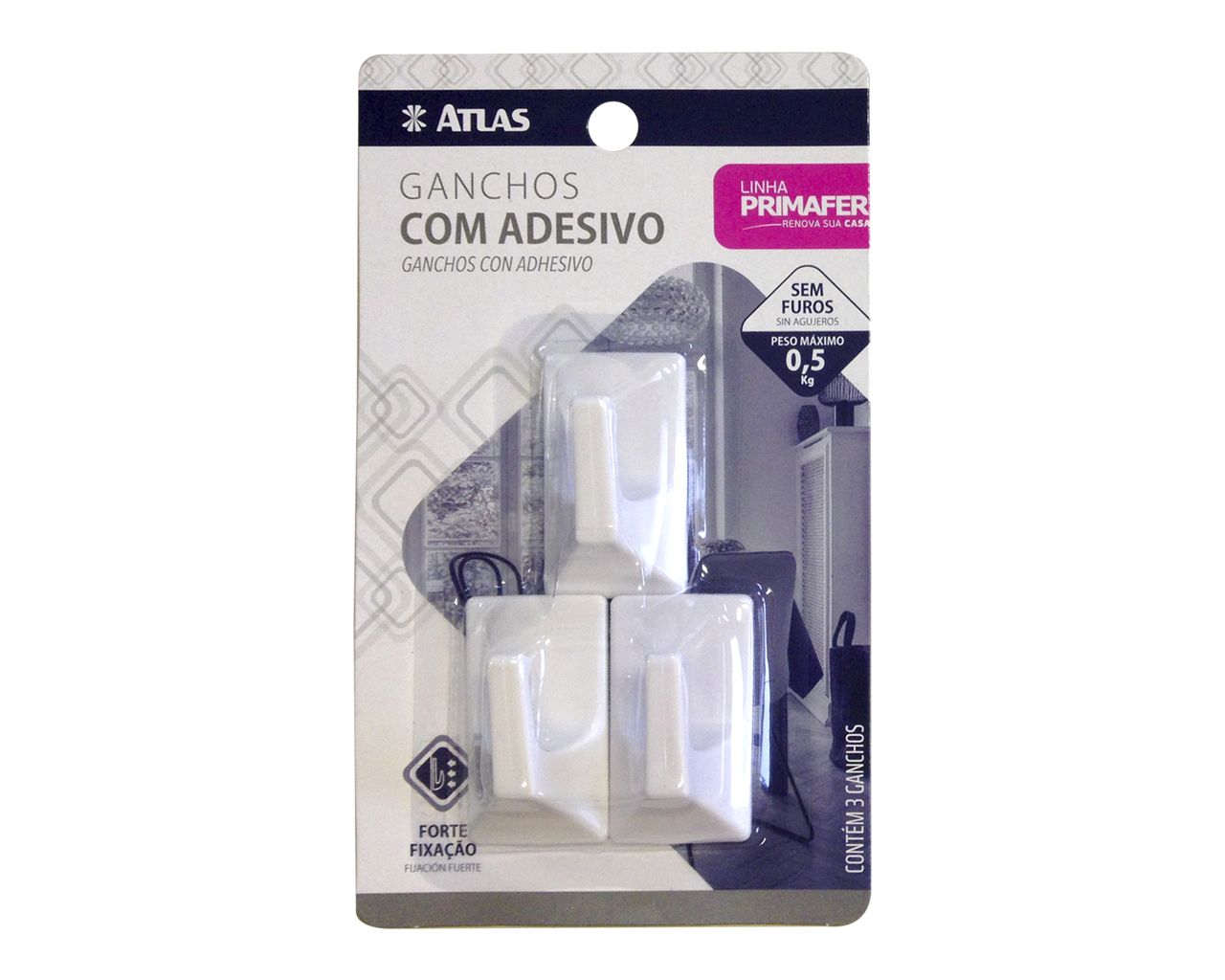 GANCHO PLÁSTICO COM ADESIVO QUADRADO 0,5KG PRIMAFER BLISTER
