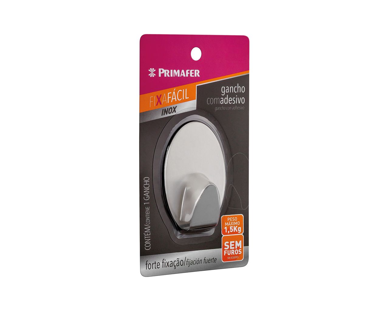 GANCHO INOX COM ADESIVO REDONDO 1,5KG PRIMAFER BLISTER