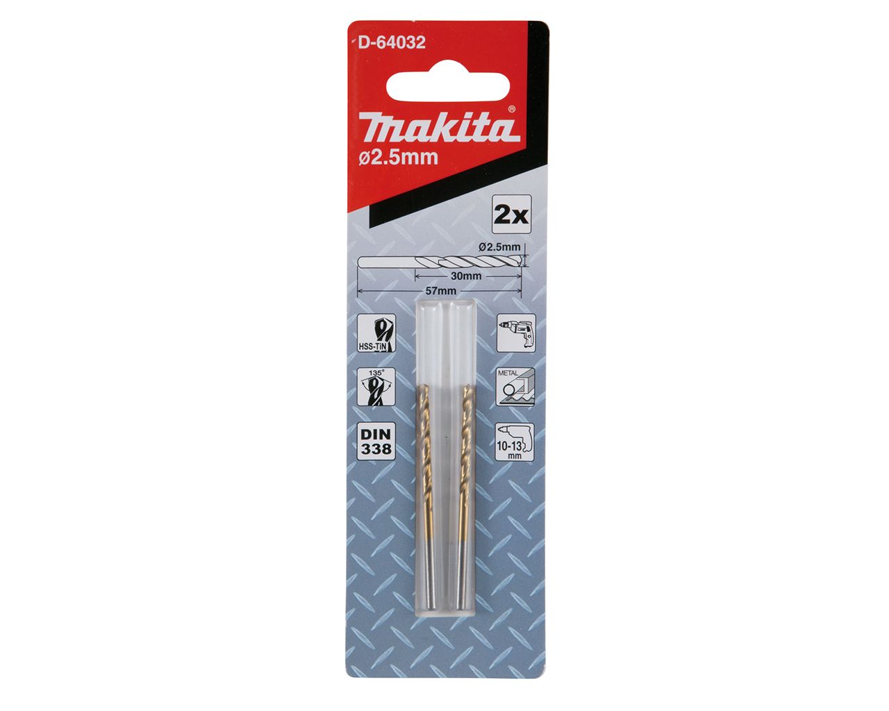 BROCA AÇO RÁPIDO HSS-TIN 2.5 x 57MM COM 02 PCS D-64032