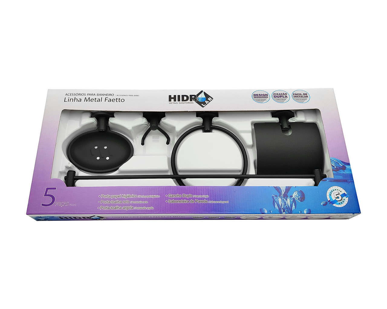 KIT ACESSORIOS WC HIDROLAR 5 PCS FAETTO PRETO FOSCO